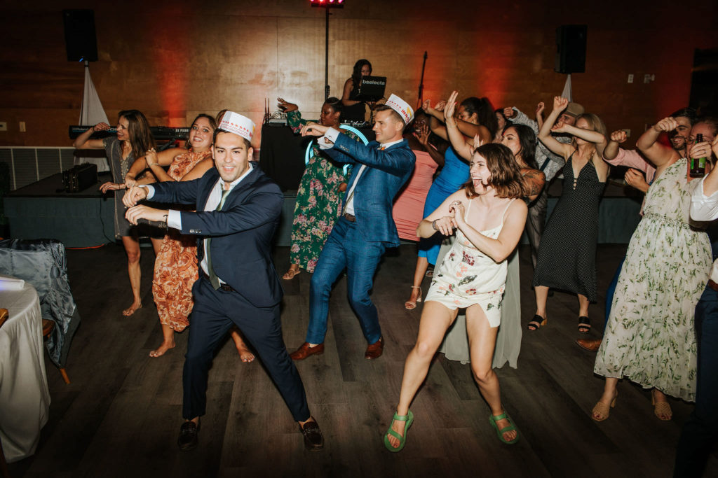 Guests dance to the Wobble at this Dana Point wedding 